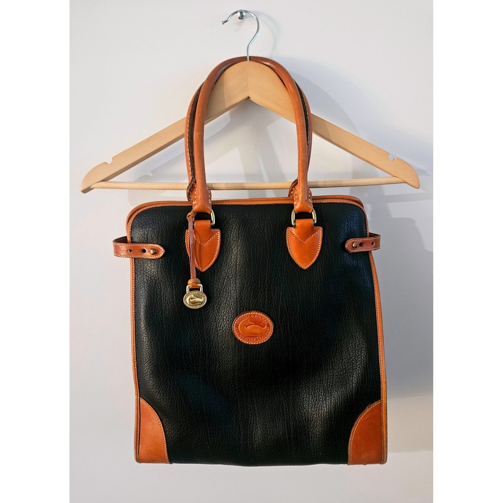 Dooney & Bourke All Weather Leather Tall Tote Bag Black Tan USA 20" Large VTG